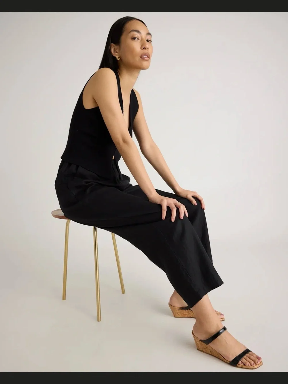 Sz L Quince Black 100% European Linen Ankle Length Relaxed Straight Leg Pant NWT